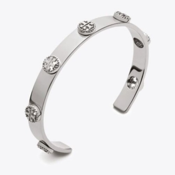 Tory Burch NWT Silver Milgrain Logo-Plaque Cuff Bracelet - Picture 2 of 14